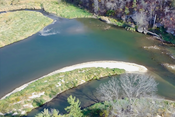 Aerial drone capture of the Root River restoration site at Eagle Bluff Environmental Learning Center, filmed in January 2025.