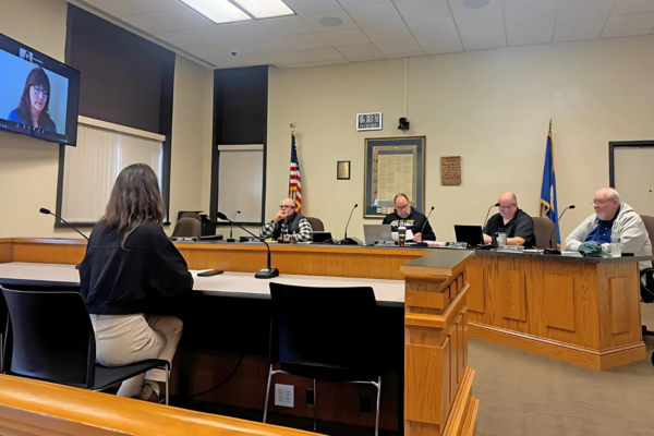 Minnesota Driftless Hiking Trail Executive Director Alexa Shapiro attended the February 25 Houston County Commission meeting. From left to right: Commissioners Cindy Wright (attended via Zoom), Chairman Eric Johnson, Kurt Zehnder, Bob Schuldt, and Greg Myhre.